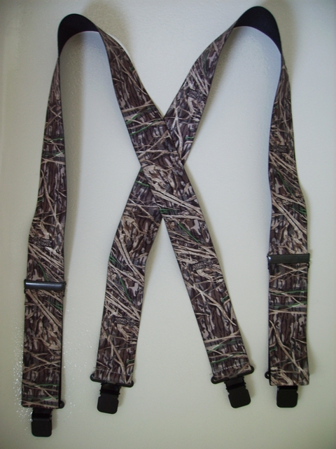 CAMOUFLAGE 1 1/2" wide SHADOW GRASS. Choose Your Size. Suspenders with 2 Length Adjusters And 4 Grips. High Stainless Steel GRIPS and Two Secure Stainless Steel Adjusters. Entirely Stretchable Hand Washable and Hang to Dry Cotton/Polyester Material. X-UB220N-SHAD